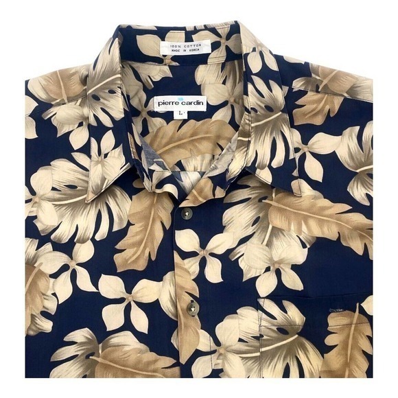 Pierre Cardin Hawaiian Palm Frond Shirt‎ 100% Cotton Black Tan Men’s Size Large - Picture 9 of 10